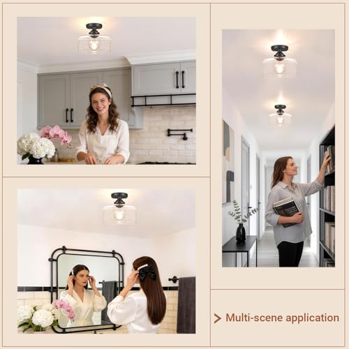 Daunton Small Semi Flush Mount Ceiling Light Fixture, Vintage Matte Black Close to Ceiling Lighting with Bubble Glass Shade for Hallway, Kitchen, Entryway (Retro Design, Easy Install) by Daunton - Used condition - Image 4