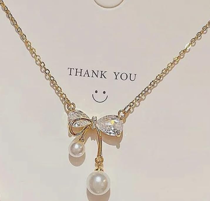 Image of Anti Tarnish Gold Plated Ribbon Shape Pearl Pendant Necklace For Girls