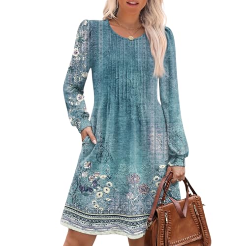 Pulloverkleid Damen Strickkleid Herbst Pullover Kleid Langarm Damen Kleider A Linie Herbstkleid Knielang Winterkleid Elegant Rundhals Tunikakleid mit...