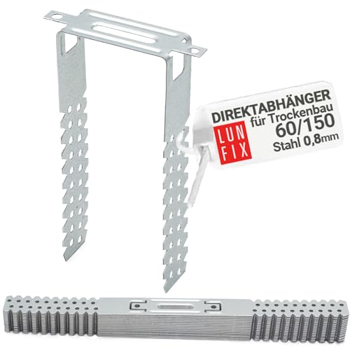LUN FIX Suspensions Directes 60/150 mm 0,8 mm, Équerre Pour Profilé En U CD 60/27, Suspension Plafond Fixation Placo, Attache Plafond Métal Acier Galvanisé...