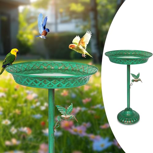 Solvify Bird Bath for Outside, 10.6' Dia Small Metal Pedestal Bird Baths for Outdoor, Deep Standing Bird Feeder Fountain Basin Bowl with Stakes, Garden Patio Yard Decor, Green