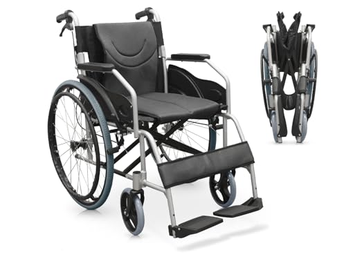 QUIRUMED Silla de ruedas manual de aluminio, Plegable, Ligera, Ancho asiento 46 cm, Frenos de maneta, Acolchada, Para minusválidos, Para personas mayores, Hasta 110 kg