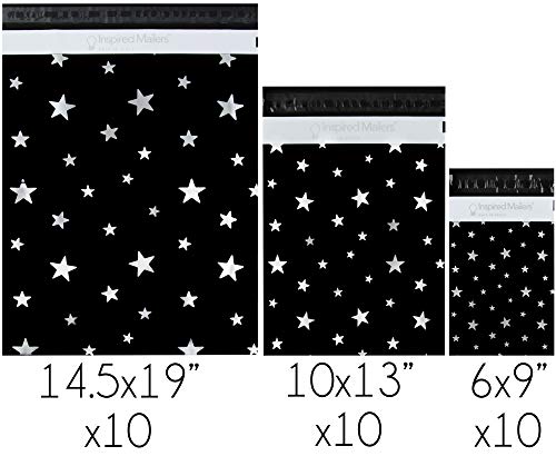 Image of Inspired Mailers - Poly Mailers Variety Pack of 30 (10 Each: 6x9, 10x13, 14.5x19 Sizes) - Silver Stars Deluxe - Assorted Sizes Shipping Bags - Multi-Size Envelopes
