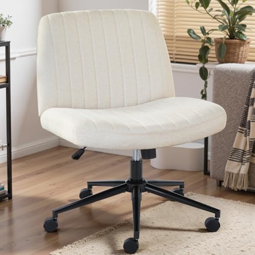 Image of DUMOS Criss Cross Chair with Wheels, Wide Cross Legged Office Desk Vanity Chairs, Armless Height Adjustable Swivel Chairs for Home Computer Task, Fabric, Beige Wheel