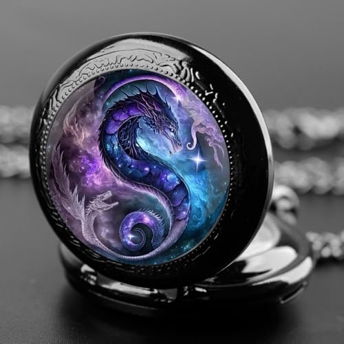 Image of Purple Dragon Design Glass Dome Exquisite Small Black Quartz Pocket Watch with Arabic Numerals Dial and Chain Ideal Gift for Any Occasion