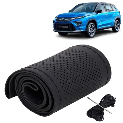 Image of KINGSWAY PU Leatherite Car Steering Cover Sewable Compatible with Toyota Urban Cruiser Hyryder (Year 2022 Onwards), Black Color with Black Thread, Pack of 1 with Sewing Needle and Thread