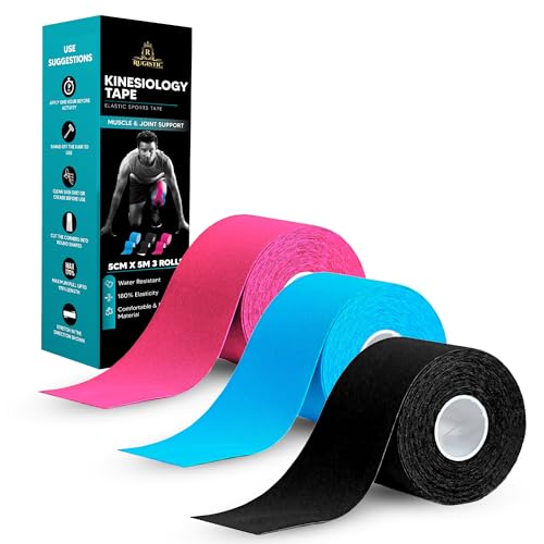 Rugistic Kinesiology Tape Pack of 3 | 5cm x 5m Sports Tape for Muscle & Joint Support | Latex-Free Adhesive Breathable Cotton Elastic Physio Tape for Athletes Gym & Sports Use