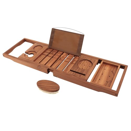 VaeFae Premium Teak Bathtub Tray, Expandable Wooden Bath Tray for Tub, Luxury Bathtub & Bathroom Accessories, Great House Warming, Anniversary & Wedding and Birthday Gifts (Free Teak Body Brush)