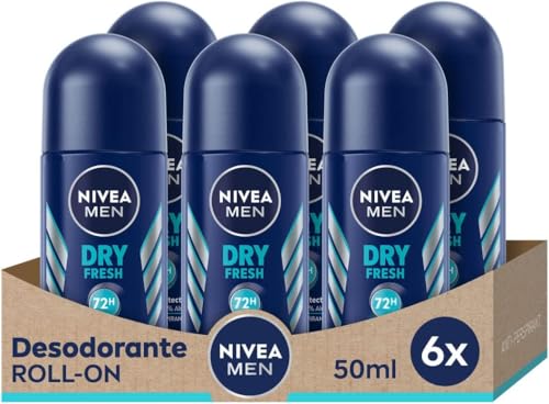 NIVEA MEN Dry Fresh Roll-on pack (6 x 50 ml), desodorante antitranspirante con protección 72 h, desodorante roll-on de cuidado masculino testado en la vida real