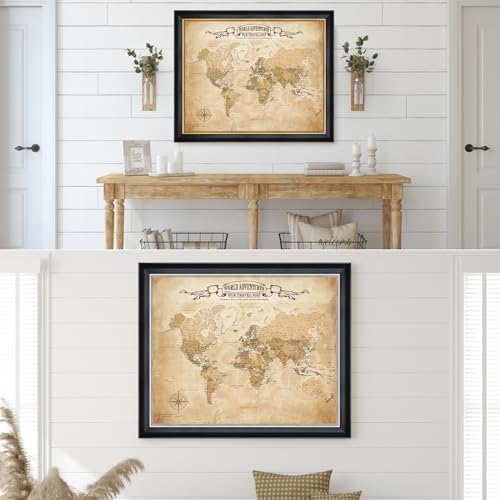 Image of DECORARTS - Personalized World Travel Map with Pins, Custom Name, Pin Board Canvas Wall Art, Antique Vintage Old World Decor, Optional Wood Frame, Giclee Print, Handcrafted in USA, 20x16''