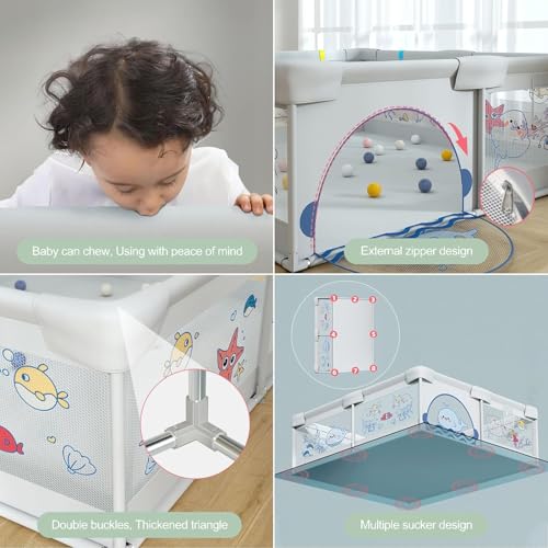 Image of Playpen 150x180cm for Baby 0-5 Years with Safety Lock, Playard with 5-10 Ocean Balls and 2 Grasp Rings (No Mat, Non-Foldable) - Green