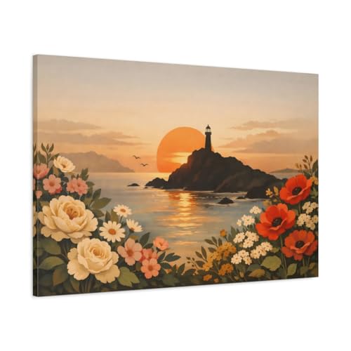 Tableau horizontal grand format vintage floral coast coastal sunset nature 90x60cm