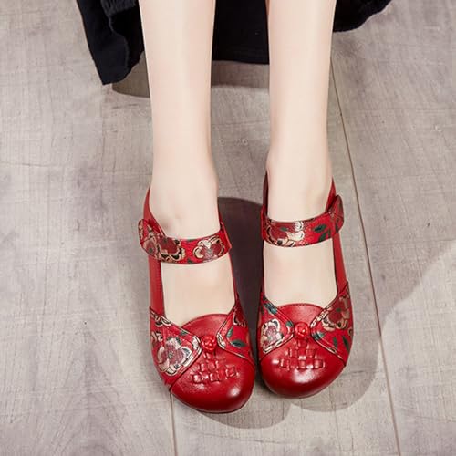 Women's Vintage Floral Print Chunky Heel Mary Jane Shoes Comfort Slip On Round Toe Adjustable Hook&Loop Mom Walking Shoes Casual Non-Slip Soft Sole Oxfords Dress Shoes4