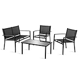 Kingshouse | Sala Exterior para Jardín 4 Piezas - Color Negro - 2 Sillas, 1 Mesa de Centro y 1 Sillón - Confeccionada en...