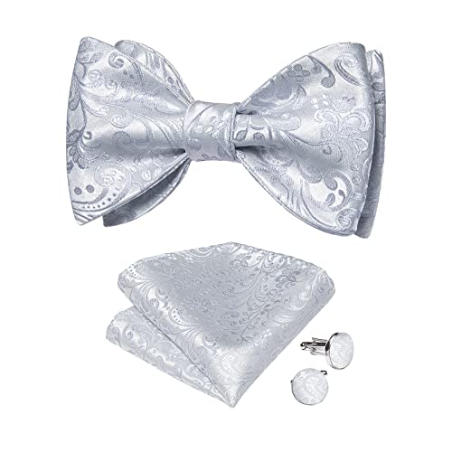 Image of DiBanGu Mens Silk Self Bow Tie Set 4PCS for Tuxedo Wedding,Sliver