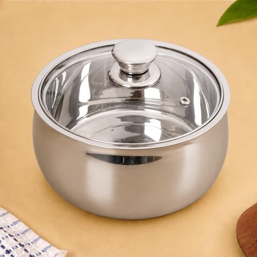 Image of Nestasia Stainless Steel Insulated Casserole with Glass Lid (2000 ml) - 100% Food Safe Casserole for Roti Hot Case with Air Vent Lid - Keeps Food Hot & Cold | Rust Resistant & BPA - Free