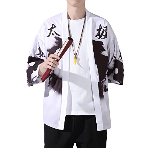Image of PRIJOUHE Men's Lightweight Kimono Jacket Seven Sleeve Open Front Cardigan Coat Japanese Style Bathrobe
