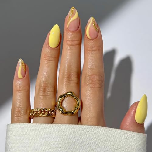 Warm Yellow Press on Nails Short Glue on Nails Almond False Nails Yellow Nails Press on Acrylic Nails Glitter Fake Nails with Sparkle Swirl Design Glossy Line Abstract Stick on Nails for Women 24 Pcs