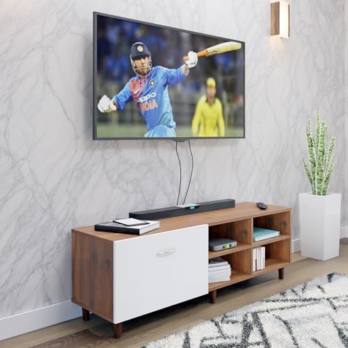 Image of VIKI Modern TV Unit for Living Room | Engineered Wood TV Cabinet with 1 Drawer Storage & 2 Open Shelves, Entertainment Unit, 140W x 48H x 40D cm | DIY | 1 Year Warranty (Walnut & White)
