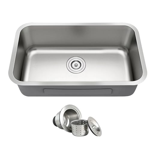 Blenzia 30 Inch Undermount Kitchen Sink 18 Gauge Stainless Steel Single Bowl Curved Shape Sinks with Strainer 30\" x 18\" x 9\"