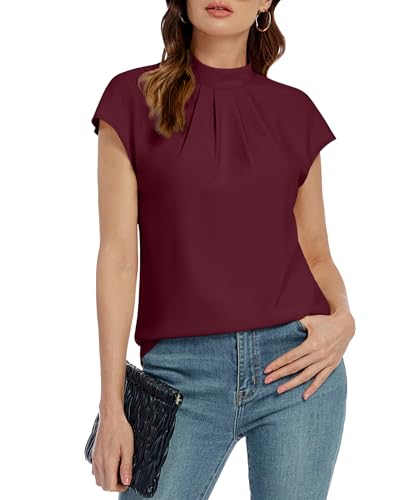 Image of Funlingo Womens Summer Tops Mock Neck Short Cap Sleeve Blouses Business Casual Work Chiffon Shirts Front Pleated Tunic Top