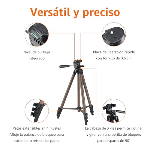 Características del trípode Amazon Basics que muestran el nivel de burbuja integrado y la placa de liberación rápida.