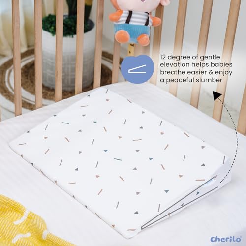 Image of Cherilo Half Size Elevated Wedge Pillow for Baby Crib & Mattress, Elevate Baby to Prevent Acid Reflux, Colic, GERD, Heat Burn, 19 inch x 13.5 inch x 3.5 inch - with Removable Cover - Triangle Design - White