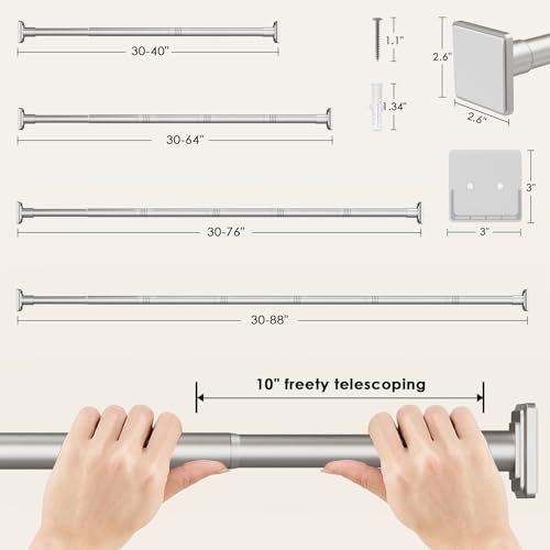 Image of Brushed Nickel Tension Curtain Rod Adjustable Shower Curtain Rods 30-76 In Spring No Drilling or Screw Installation Shower Rod for Bathroom Shower Bar for Closet Kitchen with Brackets