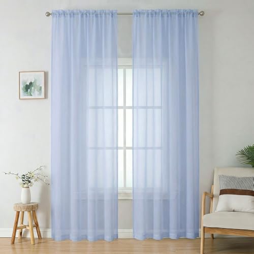 Image of OWENIE Sheer Curtains 96 inches Long 2 Panels Set for Living Room /Bedroom, Rod Pocket Voile Sheer Panel Drapes, Airy Soft Fabric Window Treatments, 2pcs, Each 42 inch W x 96 inch L, Demin