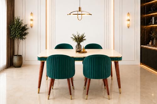 Image of WOODEN SPACE Majestic 4 Seater Wooden Dining Table Set | Urban Marble Top Dining Table with Chairs for Dining Room & Kitchen (Sea Blue Majestic Backline)