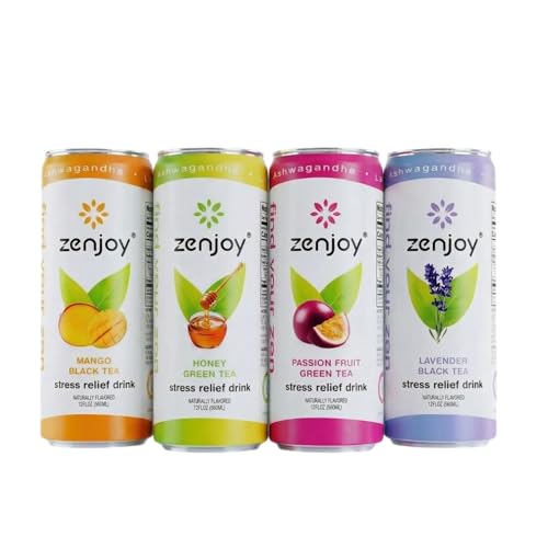 Zenjoy Stress Relief Drink, Calming Green Tea & Black Tea, Non Alcoholic, Ashwagandha & Lemon Balm for Stress Relief, L - Theanine (Variety) (12 Pack)