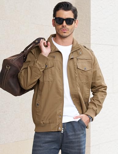 Image of EKLENTSON Men's Jacket | Military style, ribbed knit cuffs and hem, stand collar, zip closure with snap buttons, multi cargo pockets, for daily wear