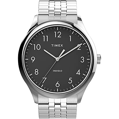 Timex Men's Modern Easy Reader 40mm Watch – Silver-Tone Case Black Dial with Stainless Steel Expansion Band