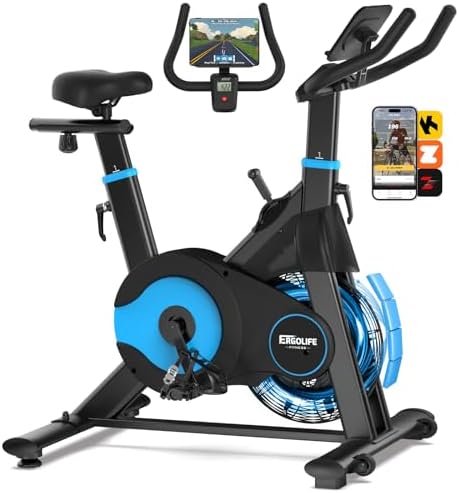 ERGOLIFE Air Magnetic Resistance Exercise Bike, Stationary Fan Bike with Exclusive App, 8 Resistances Indoor Cycling with 300lbs Weight Capacity & Tablet Holder for Weight Loss