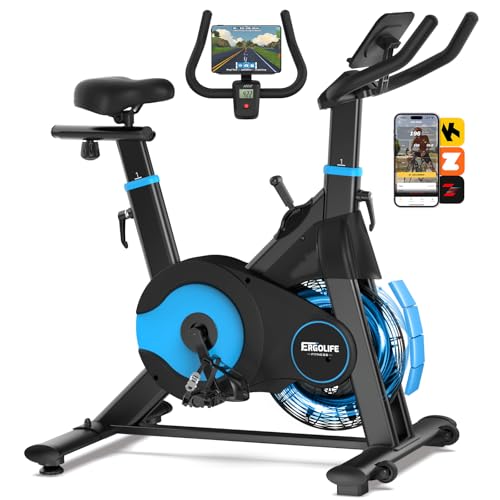 ERGOLIFE Air Magnetic Resistance Exercise Bike, Stationary Fan Bike with Exclusive App, 8 Resistances Indoor Cycling with 300lbs Weight Capacity & Tablet Holder for Weight Loss