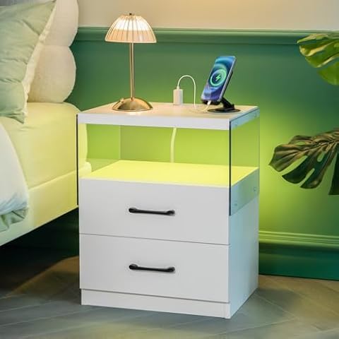i-aplus White Nightstand LED Night Stand with Charging Station, 2 Drawer Night Stand with LED Lights for Bedroom, Modern Bedside Table for Bedroom (White, 1 PCS) Cover