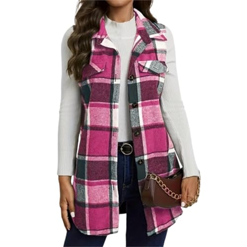 Plaid Vest for Women Sleeveless Button Down Long Cardigan Coat Casual Lapel Curved Hems Shackets Winter Cute Jackets