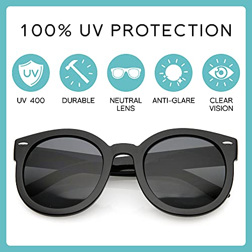 Zerouv - Round Retro Oversized Sunglasses For Women With Colored Mirror And Neutral Lens 53Mm (Black/Smoke) #TOP1