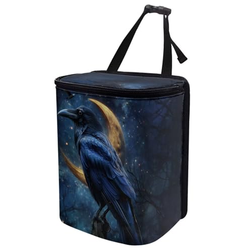 Image of Talayituse Crow Moon Galaxy Print Car Trash Can Portable Auto Garbage Bin Multifunctional Vehicle Interior Accessories with Adjustable Straps Universal Fit Truck SUV Sedan