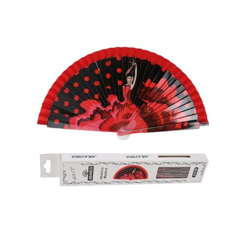 H.U.S.L® Abanico 23CM DE Madera Lisa con Tela DE Marfil, Abanico DE Madera Adornado, Abanico Original (Flamenco Lunares)