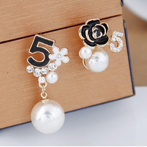 Faux Imitation Pearl White Black Floral Dangle Drop Earrings Studs for Women2
