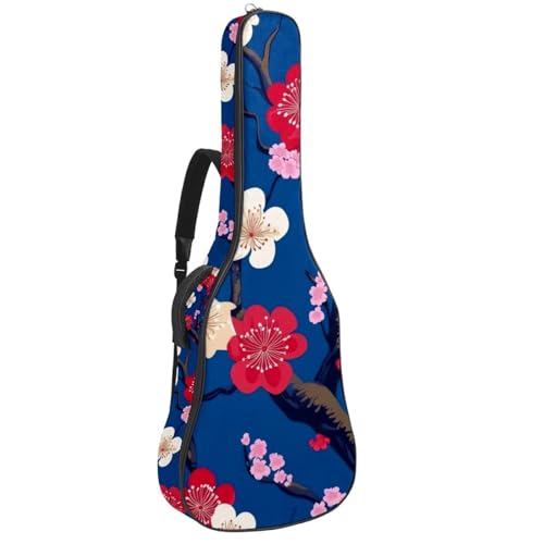 Acoustic Guitar Bag 1 cm Thick Padding, Waterproof Oxford Cloth Guitar Bag Backpack for 40-42 Inch Electric Bass Classical Guitars, Pink Japanese Cherry Blossoms