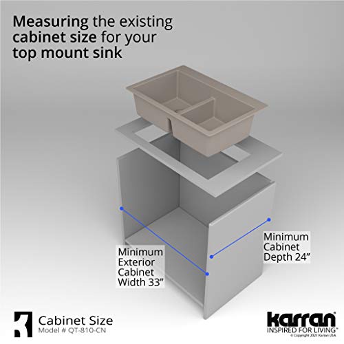 Karran 33\" Concrete Color Quartz Composite Double Bowl Kitchen Sink – Top Mount Drop-In 50/50 Low Divider, 80% Natural Quartz, 535°F Heat Resistant, Sound Dampening, Granite Composite, QT-810 - Thumbnail 7