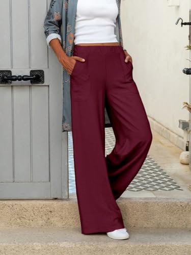 Women's 2024 Causal Straight Leg Long Pants 'Solid Color Elastic Waist Casual Wide Leg Pants(Small)4