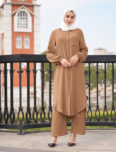 Image of IDOPIP Abaya Dress for Women Muslim Set Long Sleeve Chiffon Islamic Dress Shirt with Pants 2PCS Dubai Prayer Casual Clothes