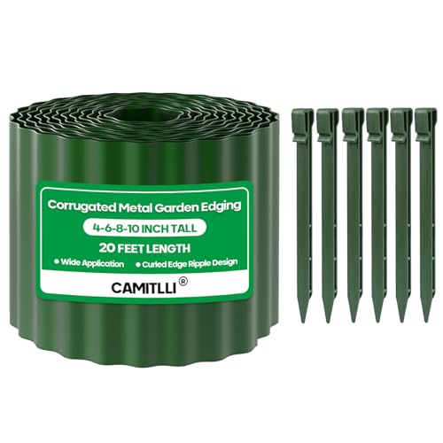Camitlli Bordure de jardin en métal ondulé, haute bordure de paysage robuste avec 4 piquets d'ancrage, parfaite pour les parterres de fleurs, la pelouse et les allées, les bordures d'arbres, les bords