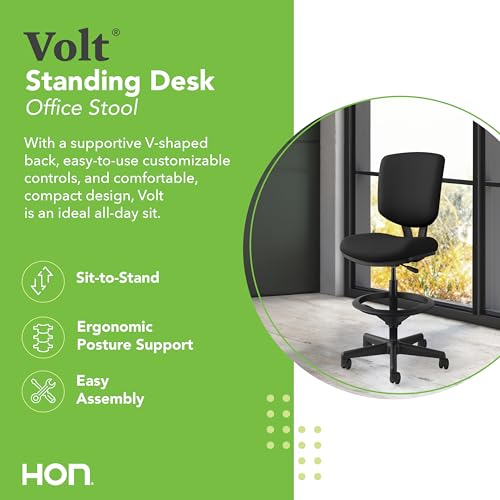 Image of HON Volt Standing Desk Chair with Footring, Armless Ergonomic Task Stool with Center‑Tilt Recline, Adjustable Height Seating for Computers, Desks, and Sit‑Stand Workstations, Black