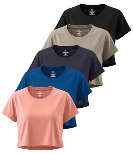 Real Essentials 5 Pack: Women's Dry Fit Crop Top - Short Sleeve Crew Neck Stretch Athletic Tee (Available in Plus Size)