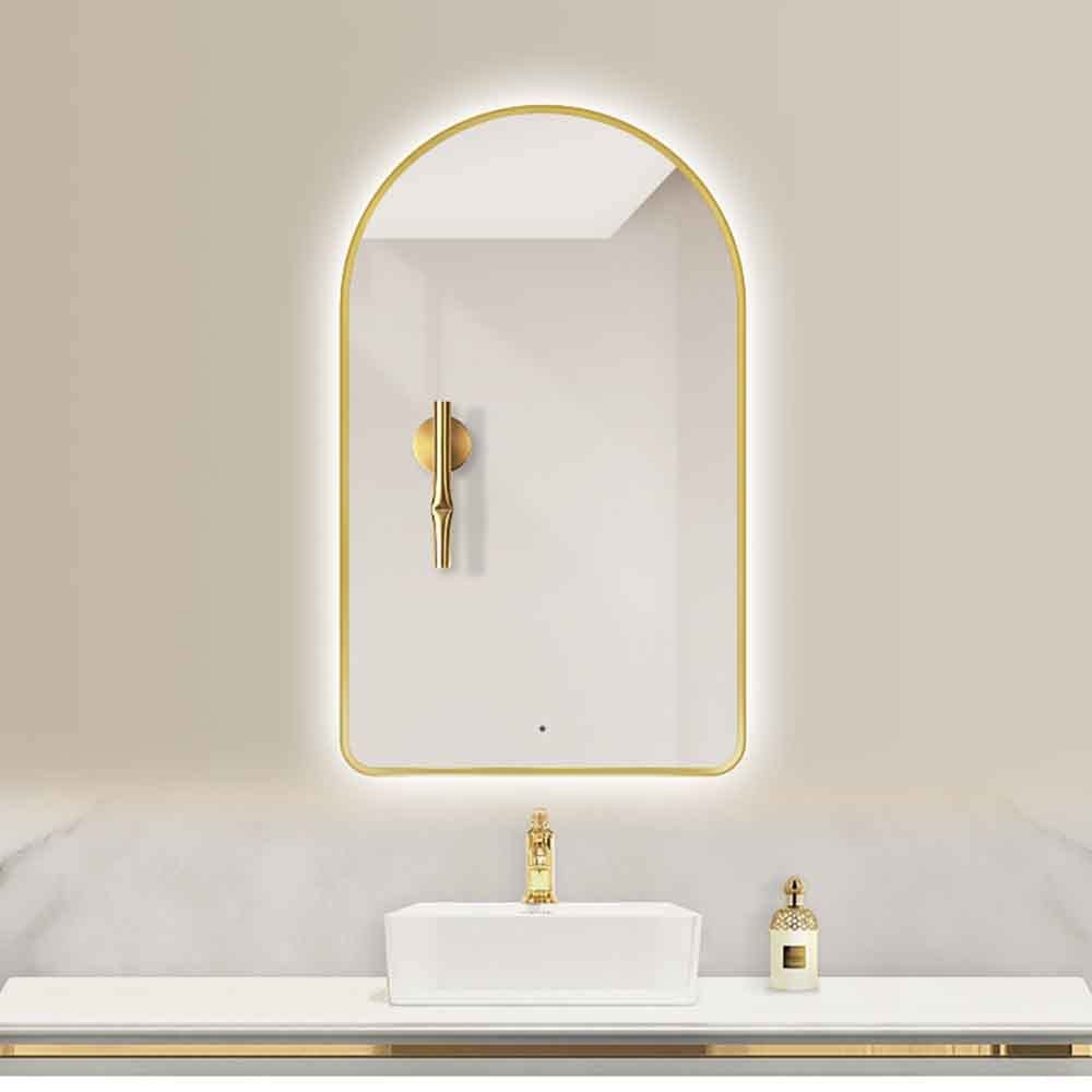 PhAsz LED Mirror Wall Mounted Gold Bathroom Vanity Mirror Smart Arched Farmhouse Wall Mirror Modern Tempered Glass Bedroom