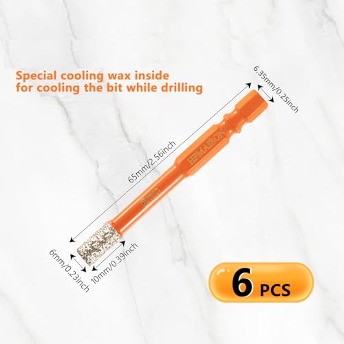 HPMAISON 6tlg. 6mm Diamantbohrer Fliesenbohrer Glasbohrer Set, 1/4 Sechskant Schaft E 6.3 Trockenbohrer Diamantbohrer für Keramik, Granit, Glas, Porzellan, Fliesen, Harte Fliesen, Feinsteinzeug